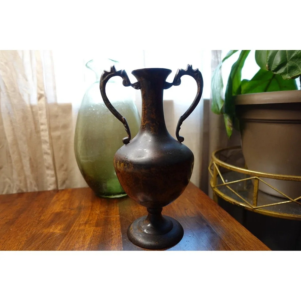 Vintage Metal Amphora Vase  Ornate Scroll Handles‎ Made in India
